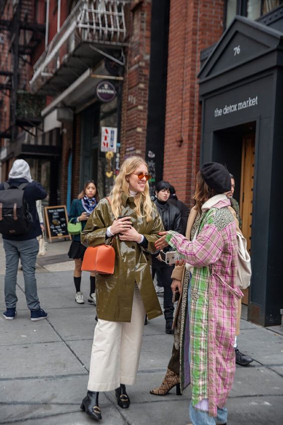 Olive coat with white trousers